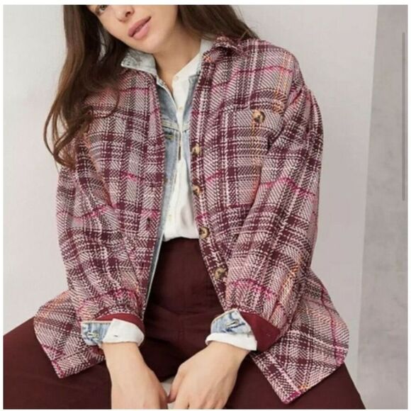 Anthropolgie Jacket Shacket Women Small Hudson Plaid Pink Heavy Button Up Cozy - Picture 12 of 13